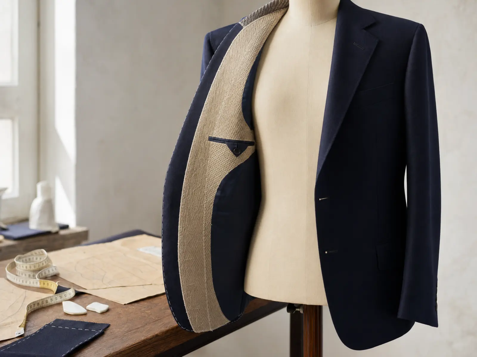 Blazer marine ouvert montrant son entoilage et sa construction intérieure