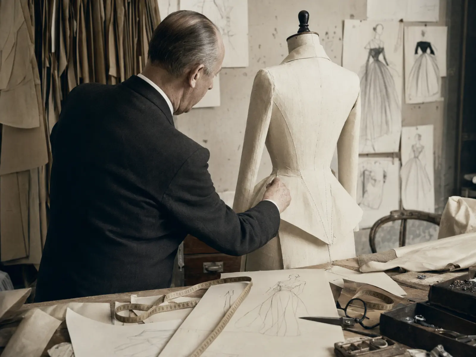 Couturier étudiant la construction d’une veste sur mannequin en 1947
