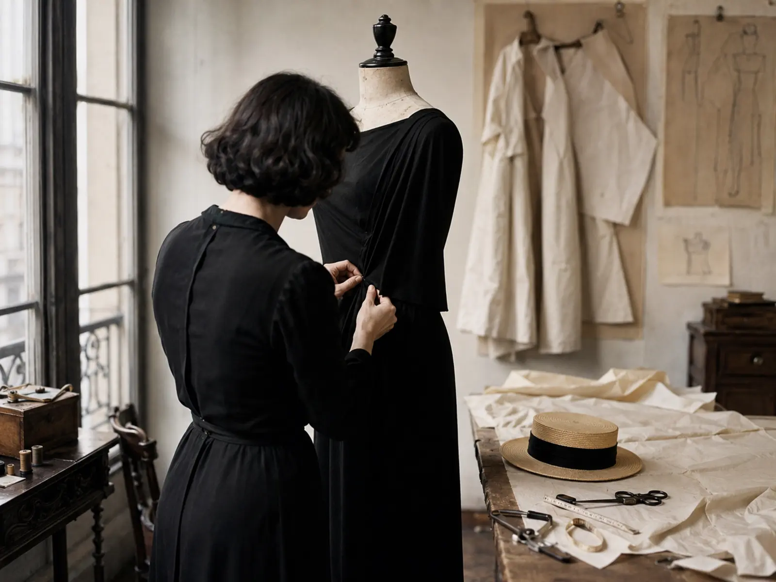 Couturière travaillant une robe de jersey dans un atelier du début du XXe siècle