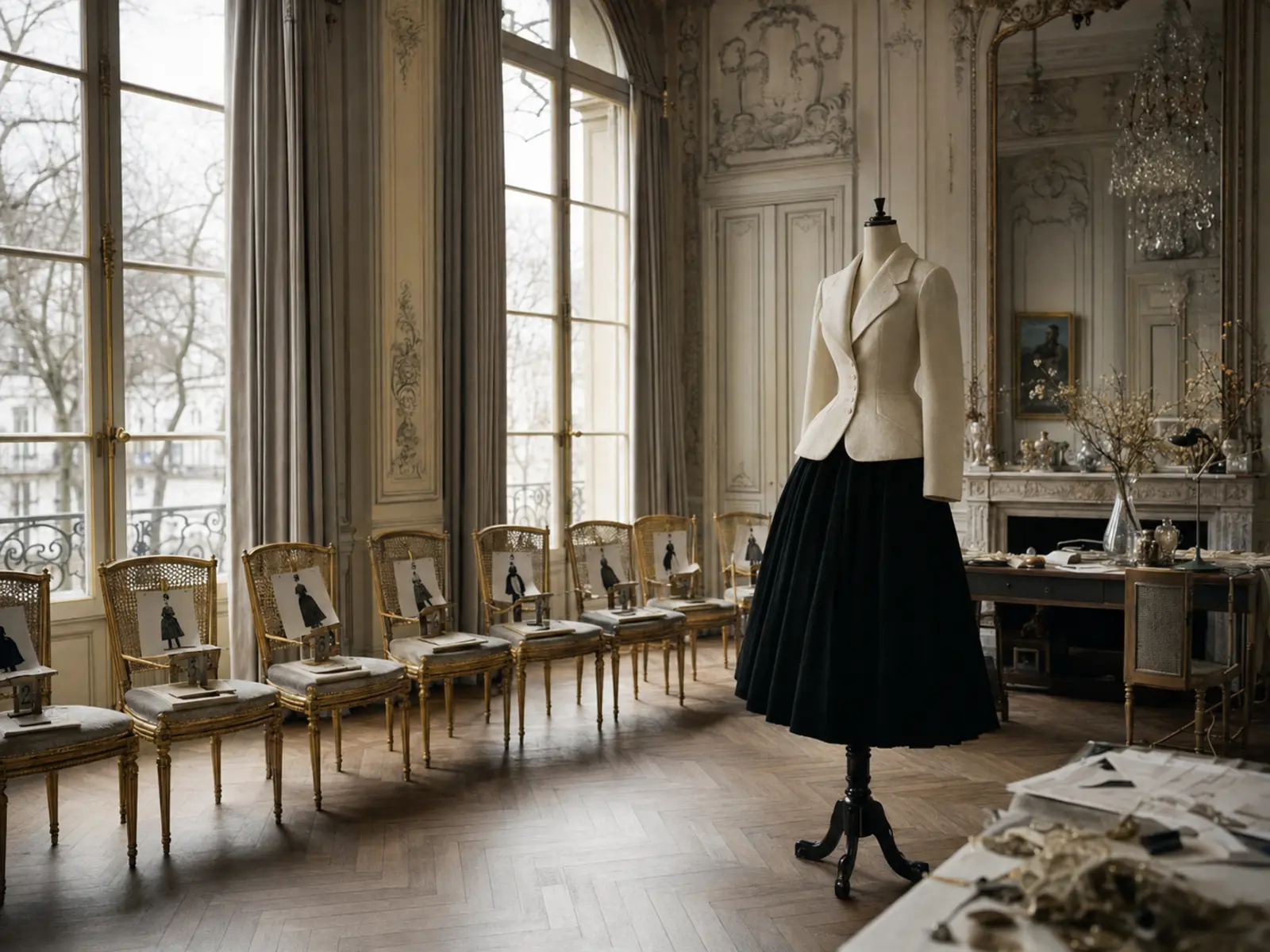 Salon de couture parisien et silhouette structurée de l’après-guerre