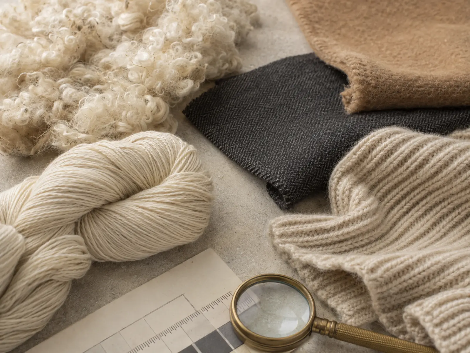 Fibres, fil, maille et tissus de laine observés comme un atlas textile