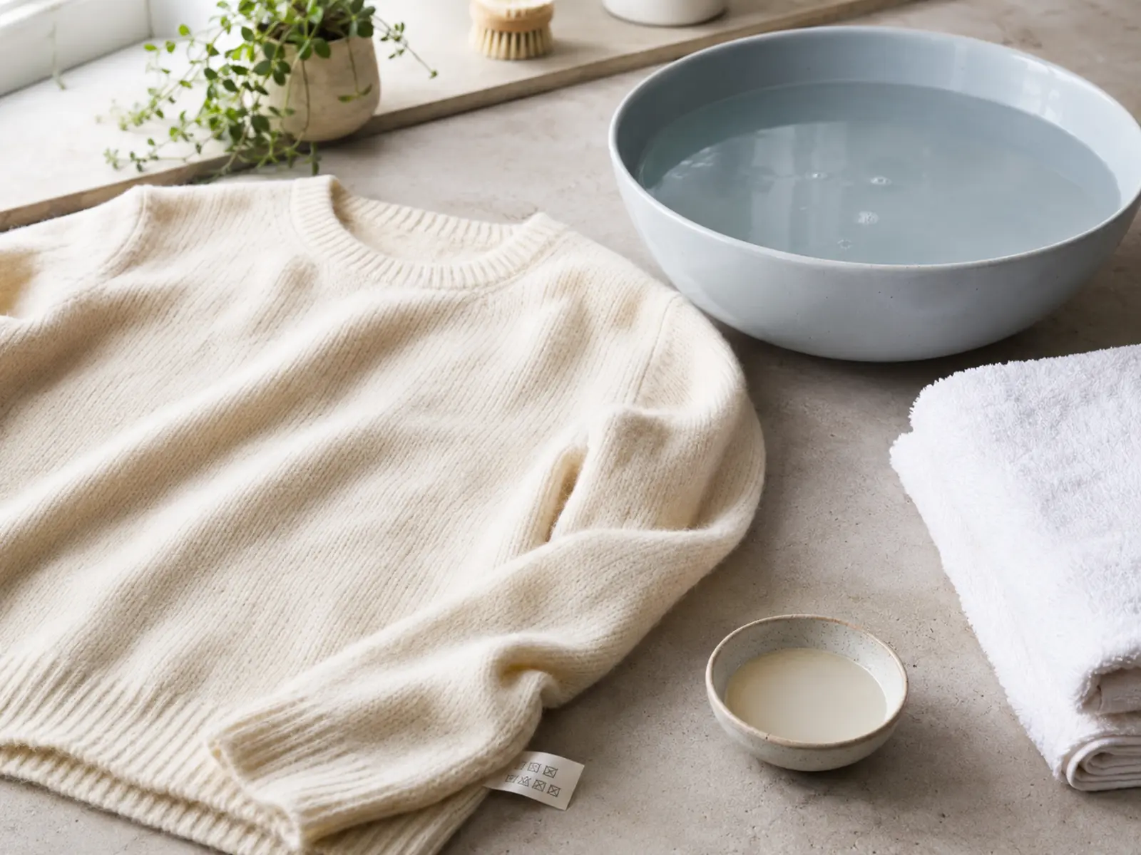 Pull en laine préparé pour un lavage doux et un séchage à plat