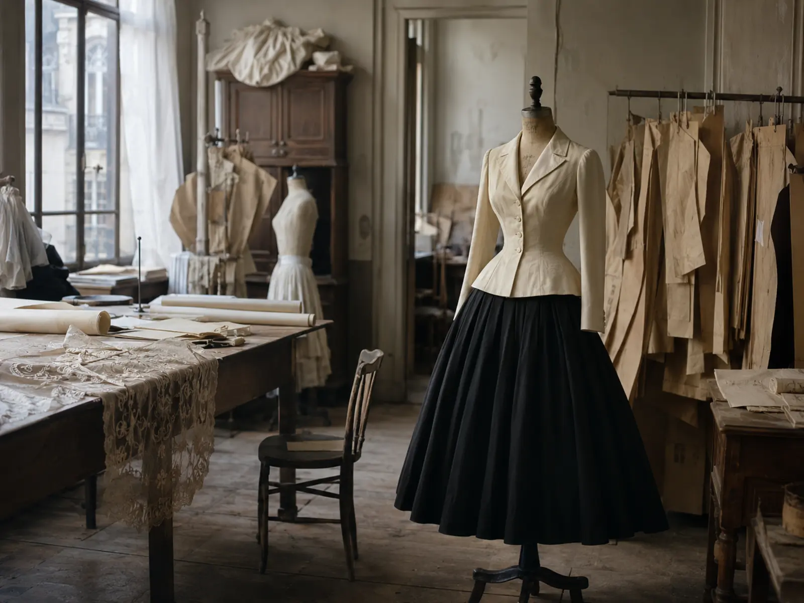 Silhouette de couture inspirée des proportions du New Look de 1947