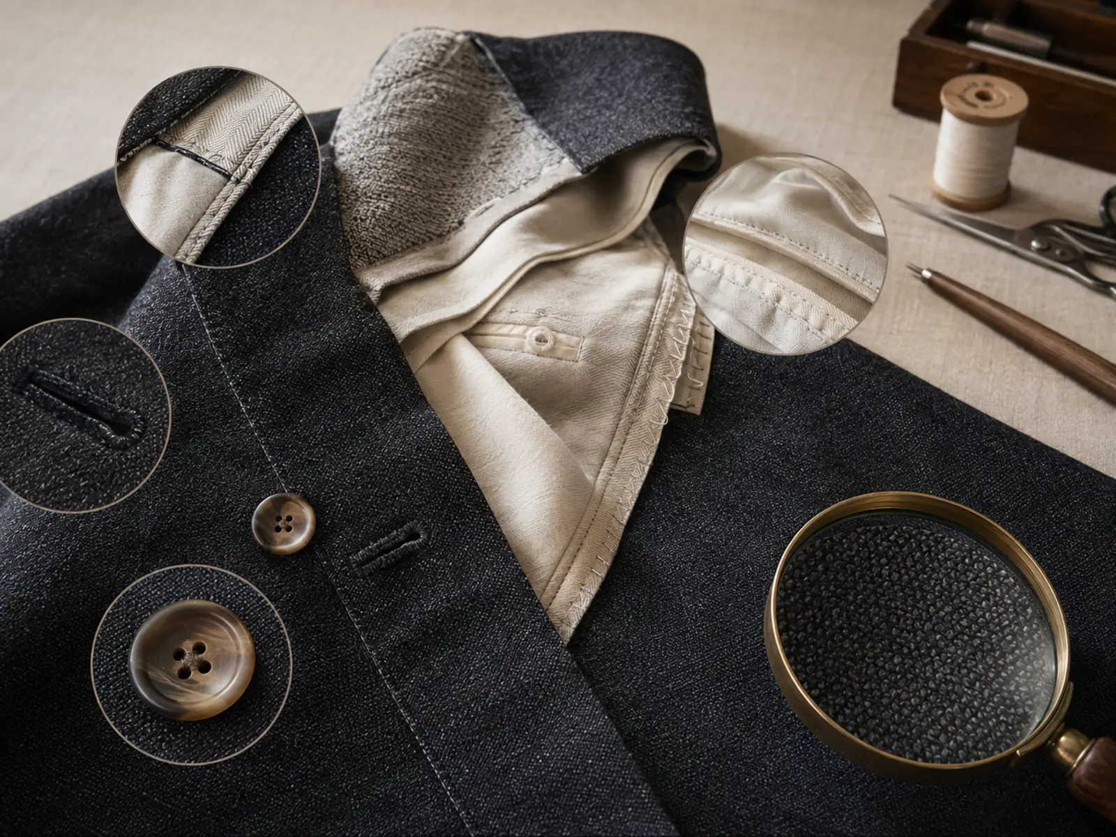 Inspection des coutures, boutonnières, doublure et densité d’un vêtement
